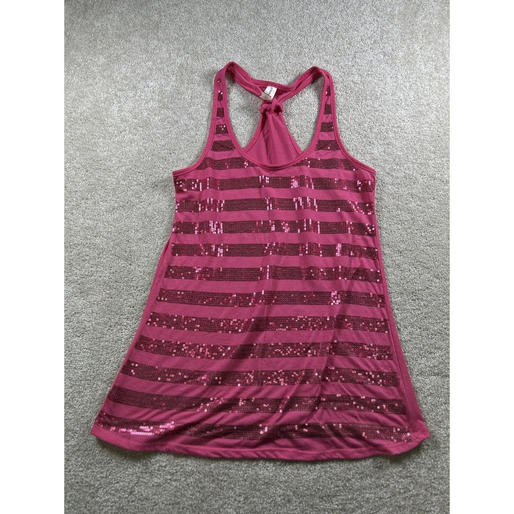 No Boundaries Tank Top Womens Medium Pink Sequin Stripe Racerback Knot Fuchsia